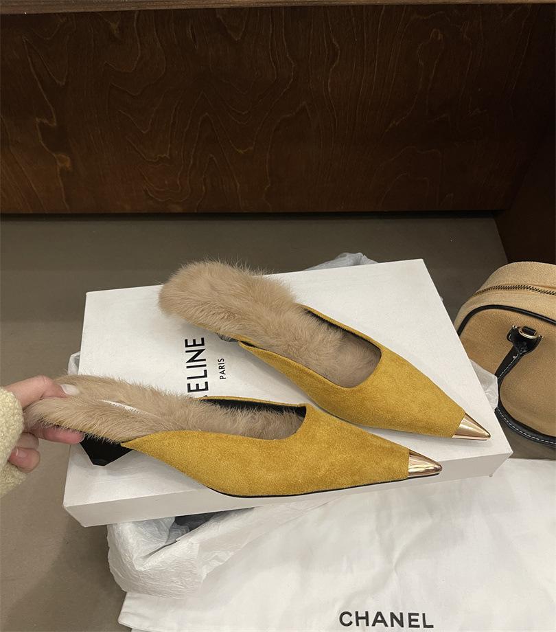 

Темпераментный острый носок пушистые высокие каблуки женские 2025 весна новая высококлассная обувь леопардовый принт сумка голова полушлепанцы 39 жёлтый