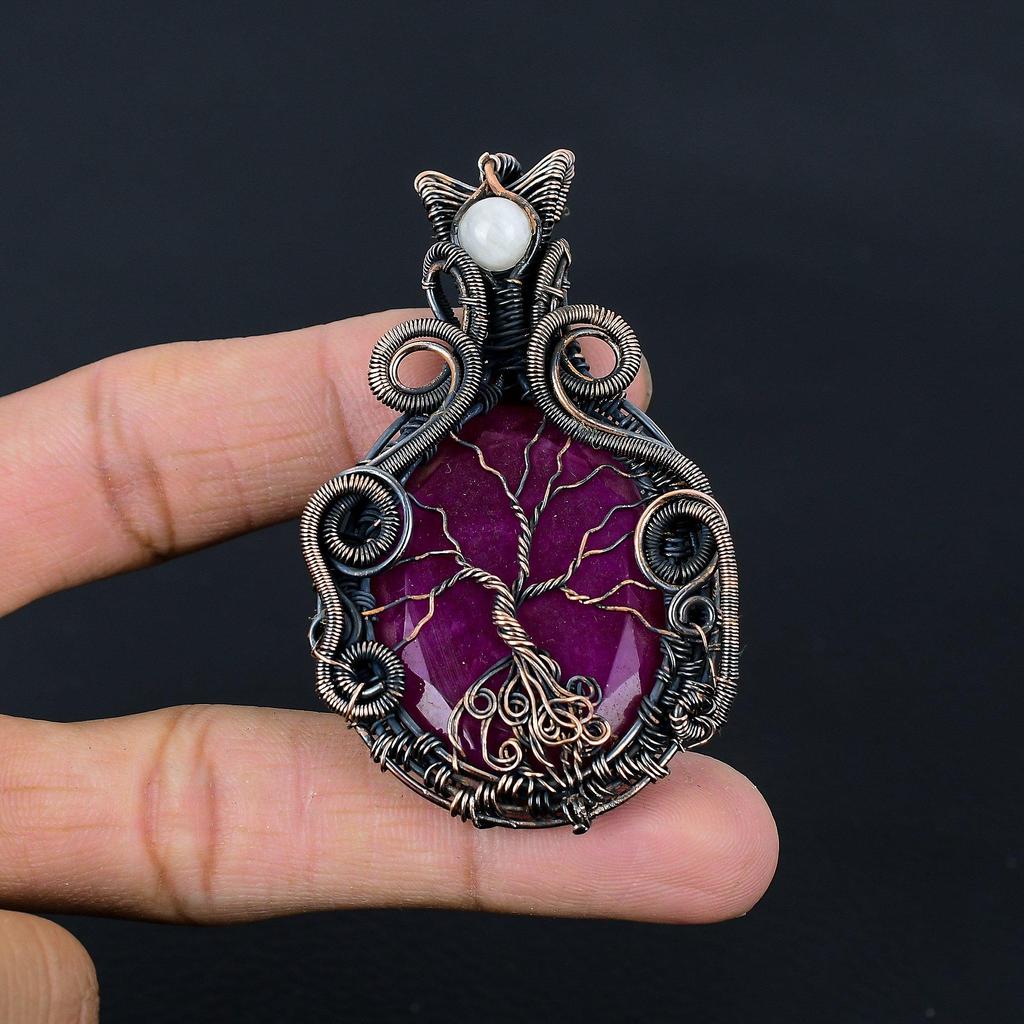 Tree Of Life Lab-Created Ruby & Moonstone Gemstone Pure Copper Wire Wrap Handmade Jewelry Pendant