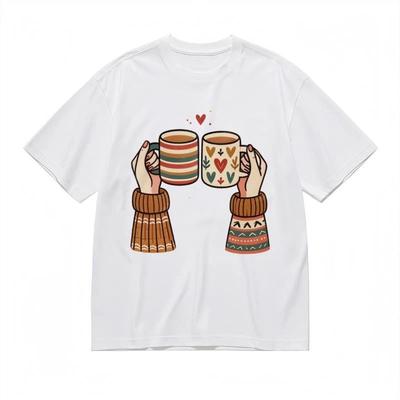 Women's Comfy Classic T-Shirt Red Heart and Leaf Decoration Cups Graphic Tee