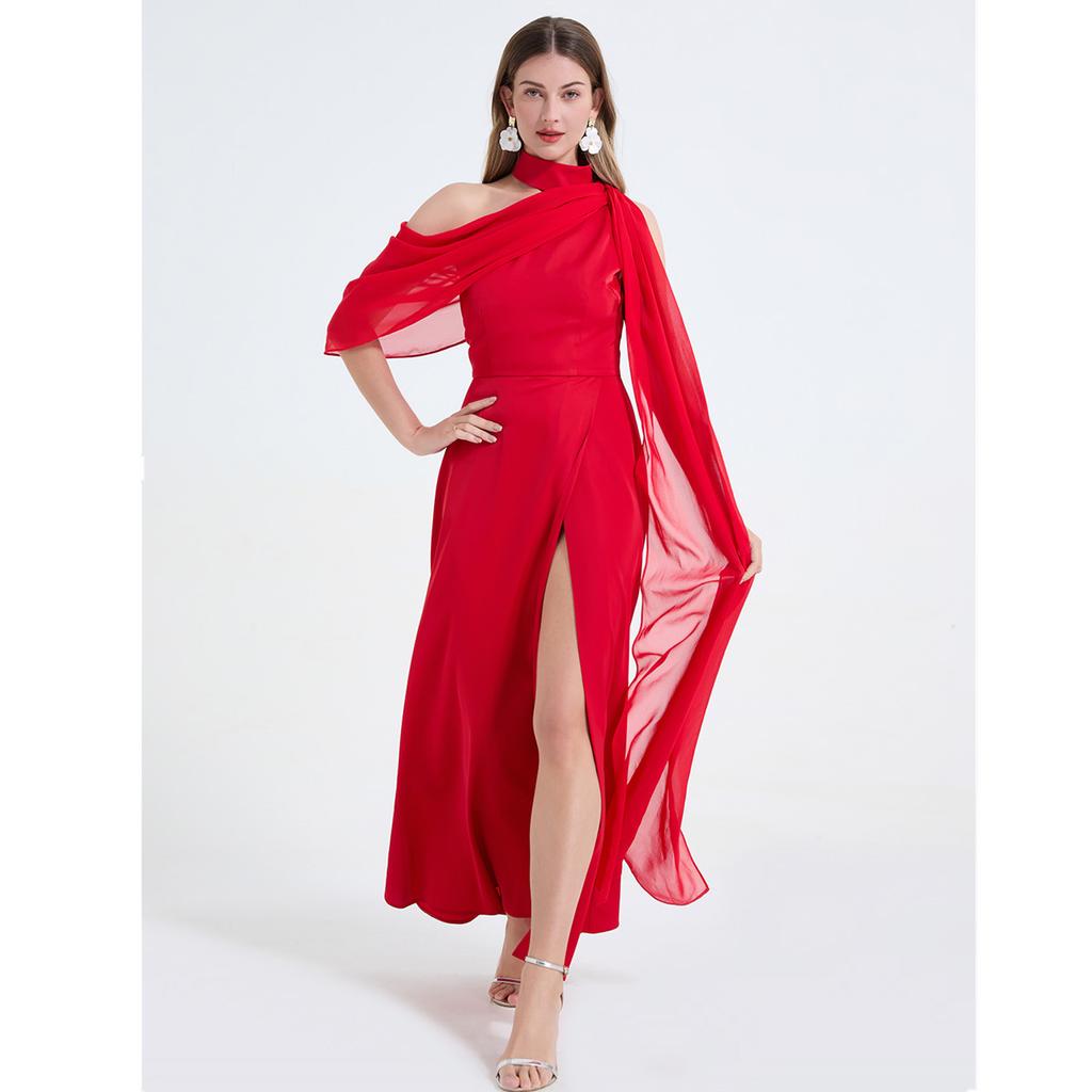 Sexy Off-the-Shoulder Patchwork Halter-Neck High-Waisted Slit Dress Women's Elegant and Flowing Slit Evening Gown Summer Dress