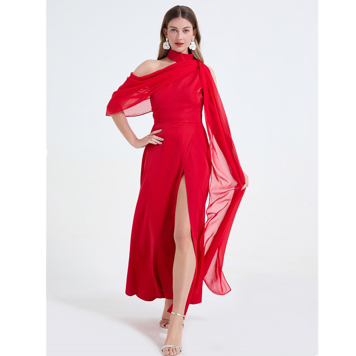 

Sexy Off-the-Shoulder Patchwork Halter-Neck High-Waisted Slit Dress Women s Elegant and Flowing Slit Evening Gown Summer Dress 2XL червоний