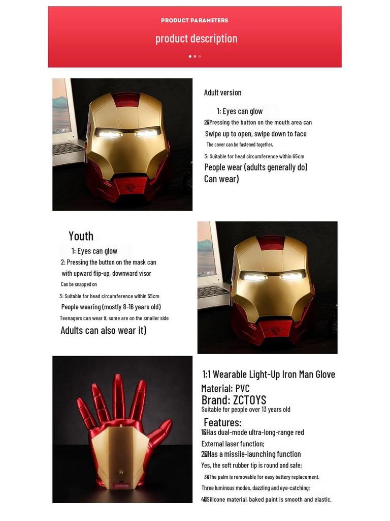 Iron Man Luminous Wearable Helmet & Gloves Cosplay Toys for Kids