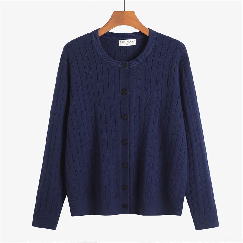 Plus Size Women's Round Neck Cable Knit Cardigan, Long Sleeve, Core-Spun Yarn, Autumn 2025 Collection