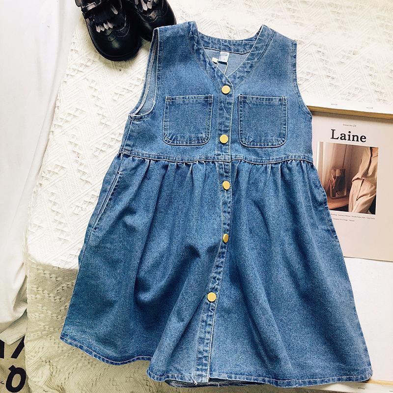 2023 Spring Baby Girls' Denim Suspender Skirt & Shirt Set - Two-Piece Dress