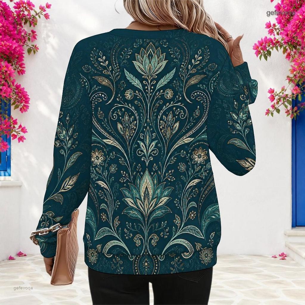 Women Plus Size Round Neck Long Sleeve Boho Printed Pullover Sweatshirt