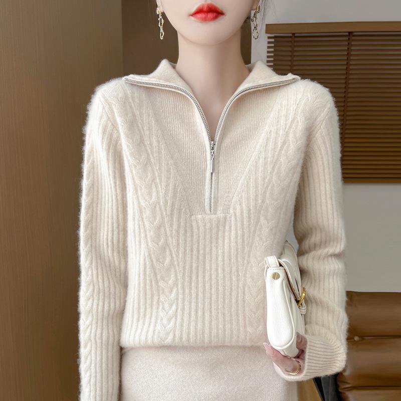 Women's High-Neck 100% Wool Cable Knit Sweater - Thickened Long Sleeve Zipper Pullover for Autumn & Winter