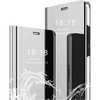 Case for Samsung A32 5G, Case+ Tempered Glass Flip Clear View Translucent Mirror Standing 360° Shockproof Cover Smart Cover Bumper Silver