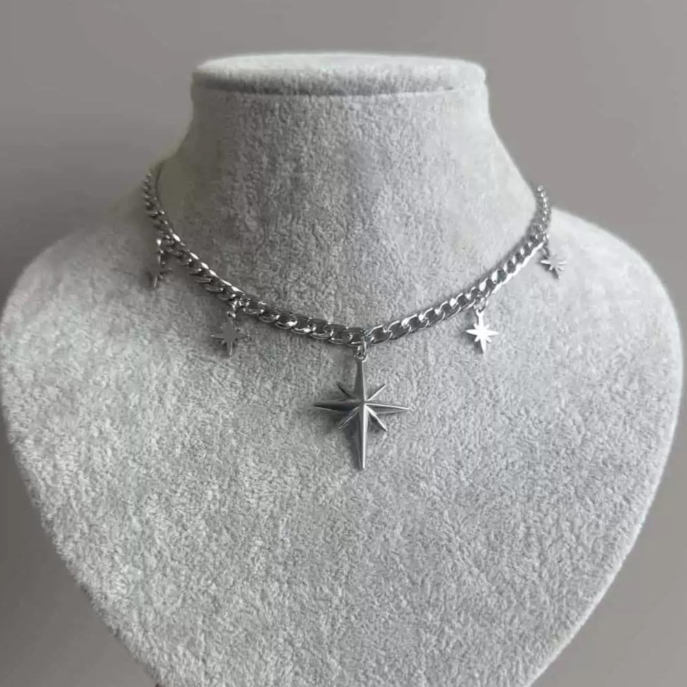 Punk Rock Silver Color Cross Star Pendent Metal Chain Choker Necklaces Accessories For Women Man Y2K Personalized Grunge Jewelry