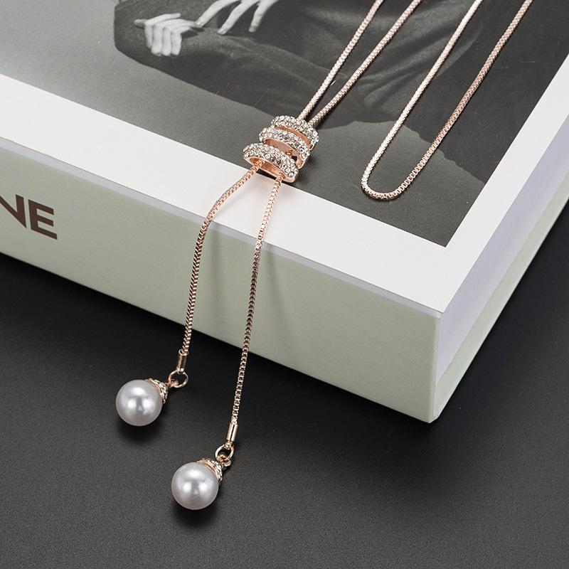 Korean Tassel Sweater Necklace with Faux Pearl Pendant for Women