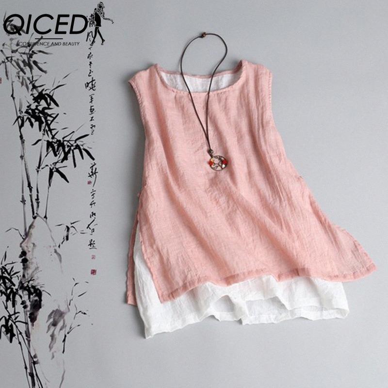

QICED Женские модные повседневные блузки и рубашки без рукавов с принтом однотонного цвета и круглым вырезом M розовый