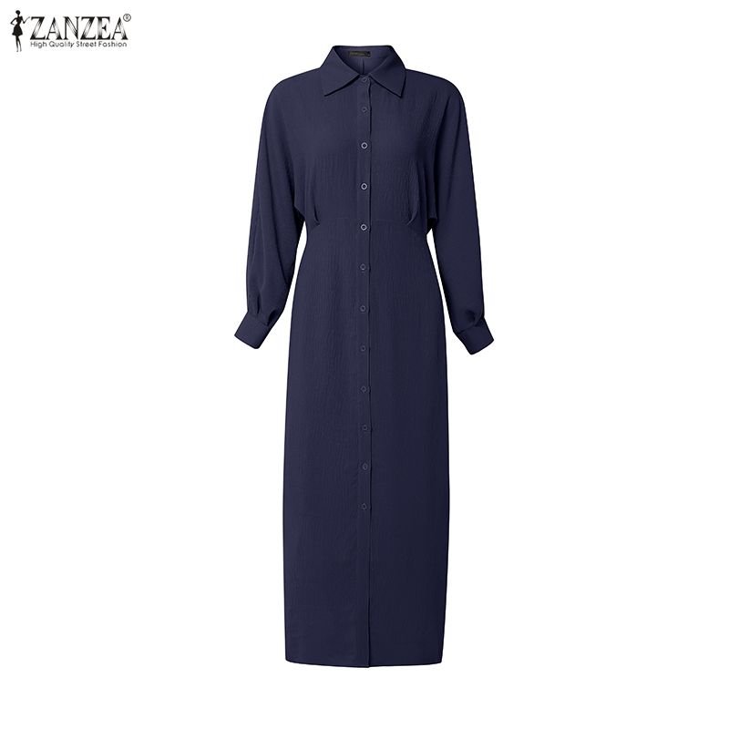ZANZEA Women Turn Down Collar Long Sleeve Bandage Waist Casual Elegant Shirts Dress