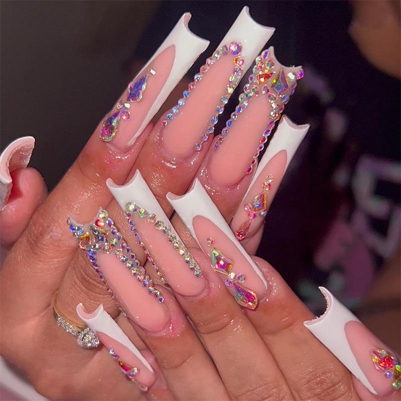 

French Rhinestone Long Press-On Nails – Women s Removable Nail Art