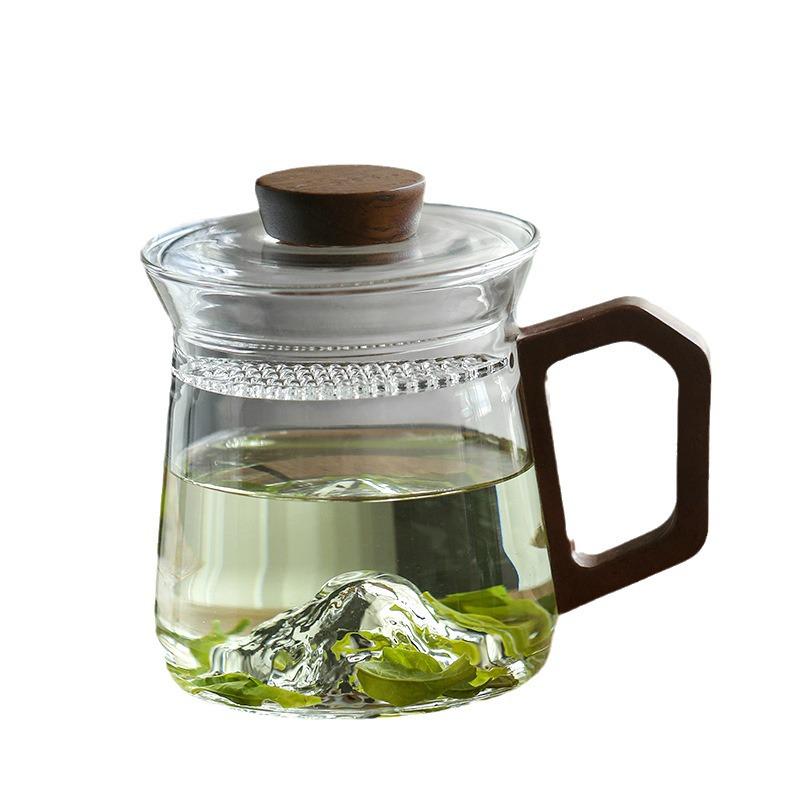 Walnut Handle Mountain View Heat-Resistant Glass Tea Infuser Cup with Crescent Filter