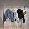 Damen Vintage-Stil Stehkragen Knopfleiste Dekorative Oberteil mit langen Ärmeln Denim Kurzjacke für Frühling und Herbst