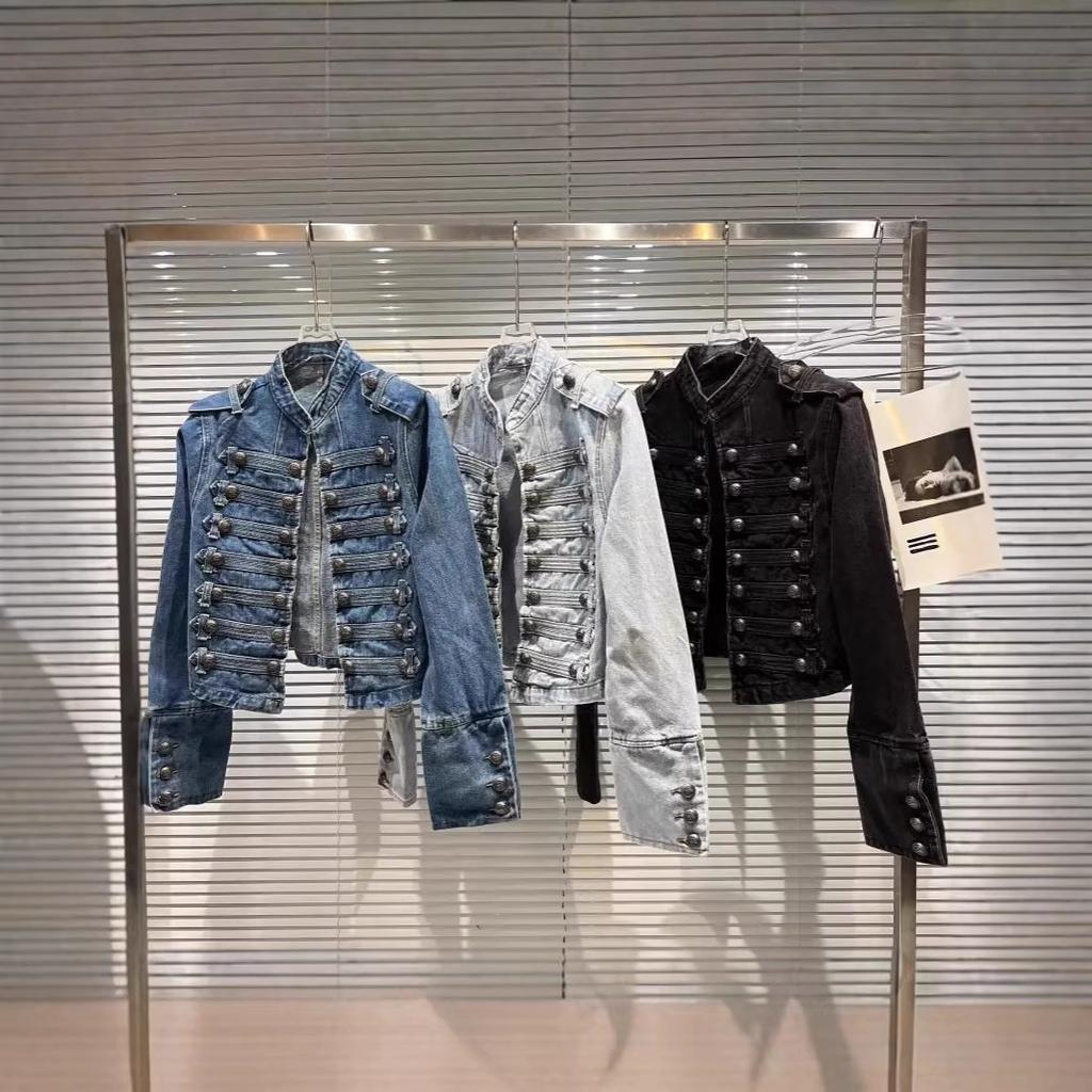 Damen Vintage-Stil Stehkragen Knopfleiste Dekorative Oberteil mit langen Ärmeln Denim Kurzjacke für Frühling und Herbst