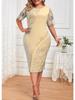 Abito estivo taglie forti da donna con inserti in pizzo, abito a tubino elegante da lavoro e da festa, tinta unita, girocollo, manica corta