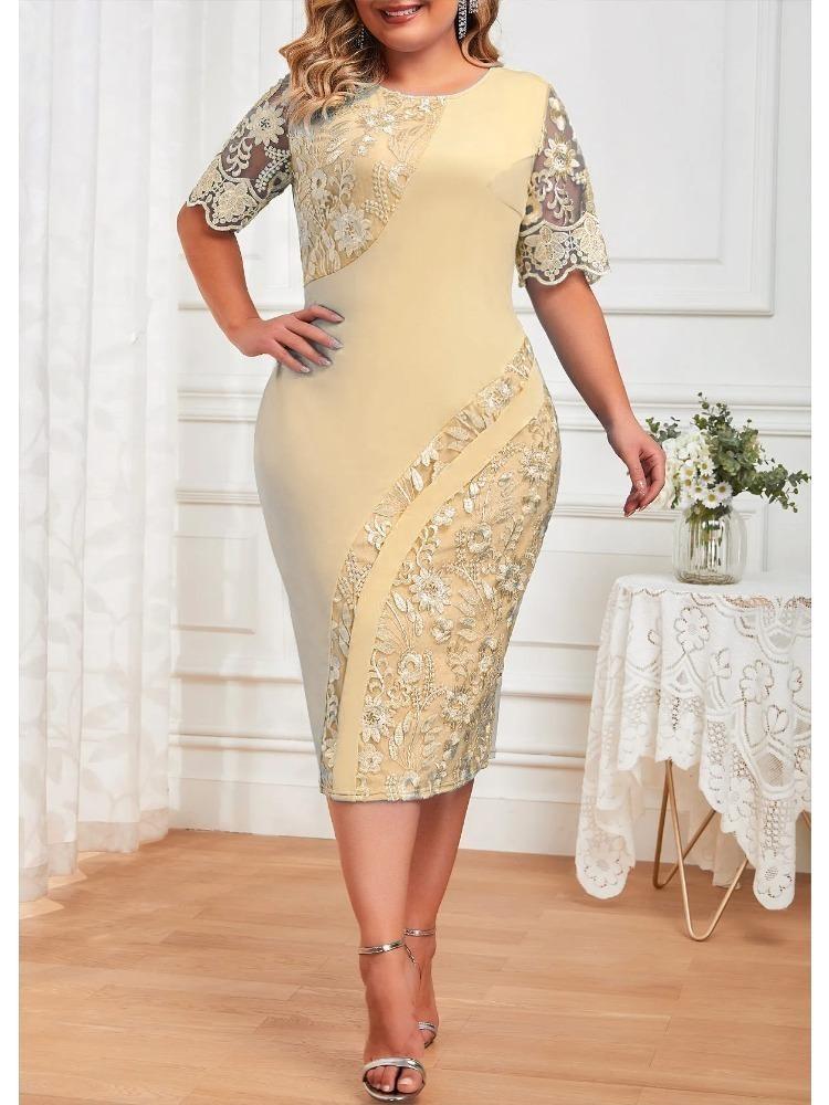 Abito estivo taglie forti da donna con inserti in pizzo, abito a tubino elegante da lavoro e da festa, tinta unita, girocollo, manica corta
