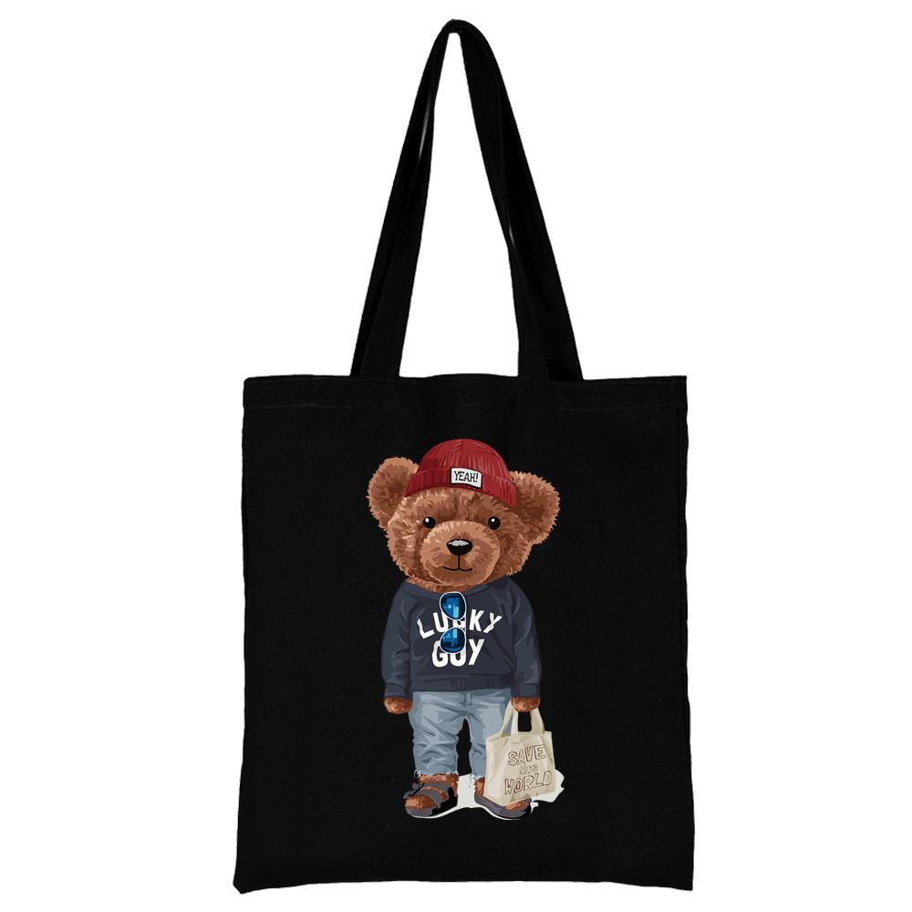 Summer New Teddy Bear Series Canvas Tote Bag Harajuku Style Black Printing High Capacity Shoulder Bag Fashion Shopping Bags