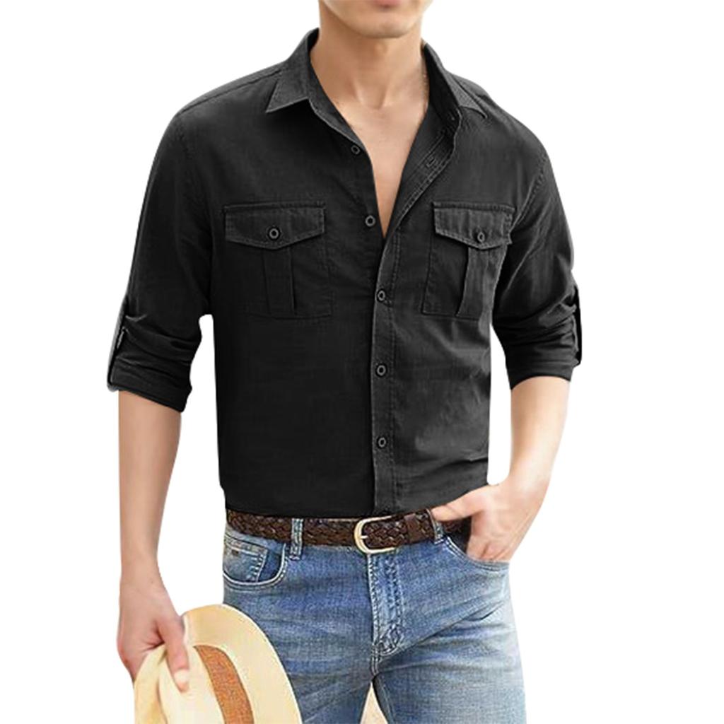 Shirt Double Pocket Cotton Linen Long Sleeve Men's Casual Holiday Shirt