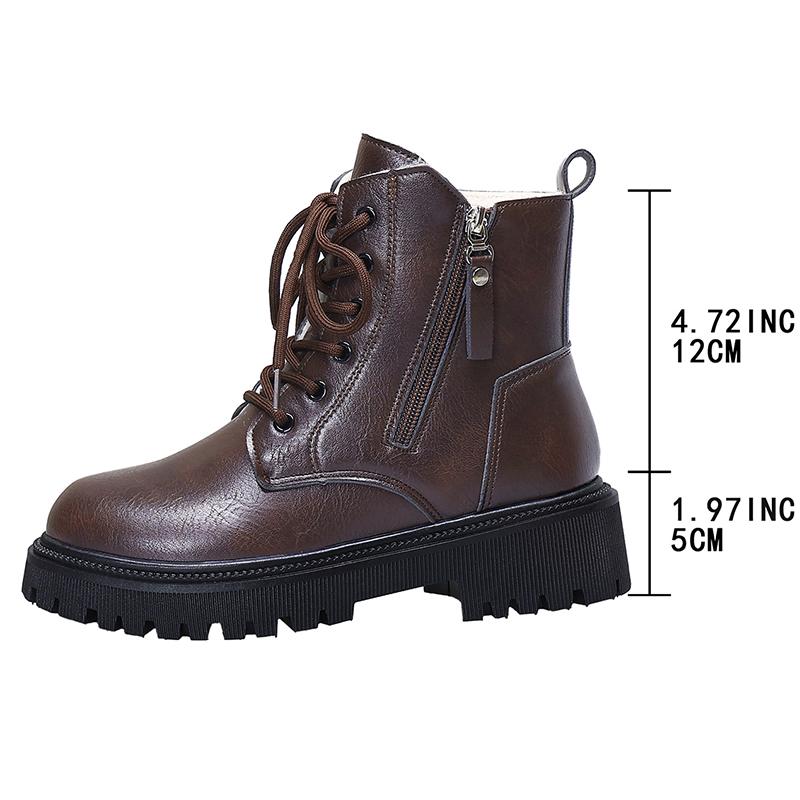 

Brown Pu Leather Platform Ankle Women Lace up Warm Short Plush Winter Woman Thick Sole Zipper Motorcycle Botas Mujer 35