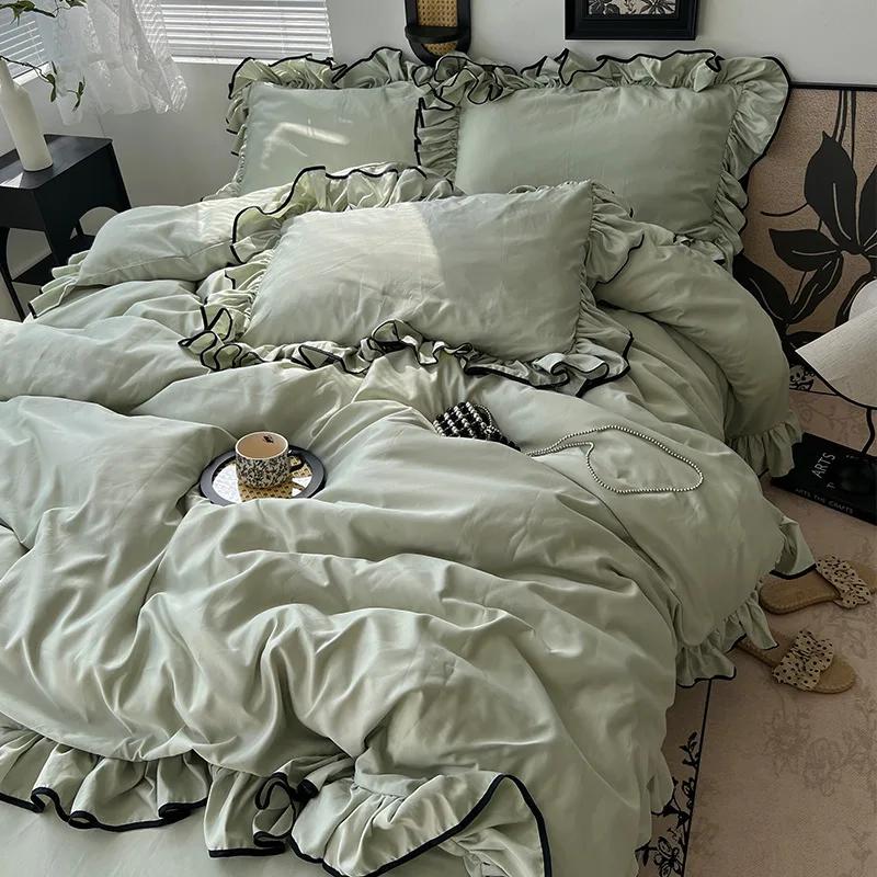 Four Piece Set of 180X220Cm Washed Ice Silky Bedding Korean Ruffled Quilt Cover for Bedroom Cooling Smooth Fitted Sheet Sets