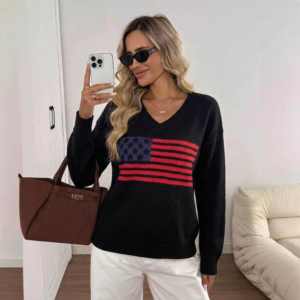 Women's European V-Neck Knit Sweater - 2026 Flag Pattern, Long Sleeve Pullover for Autumn/Winter
