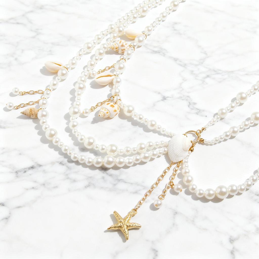 European Bohemian Starfish & Shell Conch Waist Chain with Faux Pearls