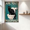 Vintage Style Metal Tin Sign, Black Cat On Toilet with Teal Brick Wall, 'ARE YOU?' 'POOPING?' Humorous Playful Decor for Home Ba