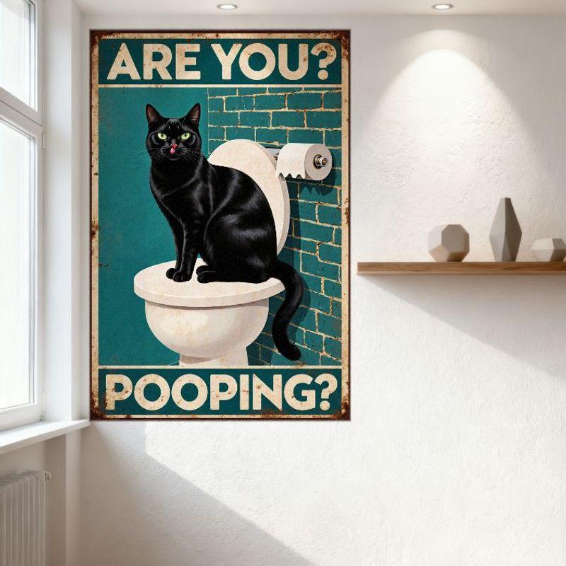 Vintage Style Metal Tin Sign, Black Cat On Toilet with Teal Brick Wall, 'ARE YOU?' 'POOPING?' Humorous Playful Decor for Home Ba