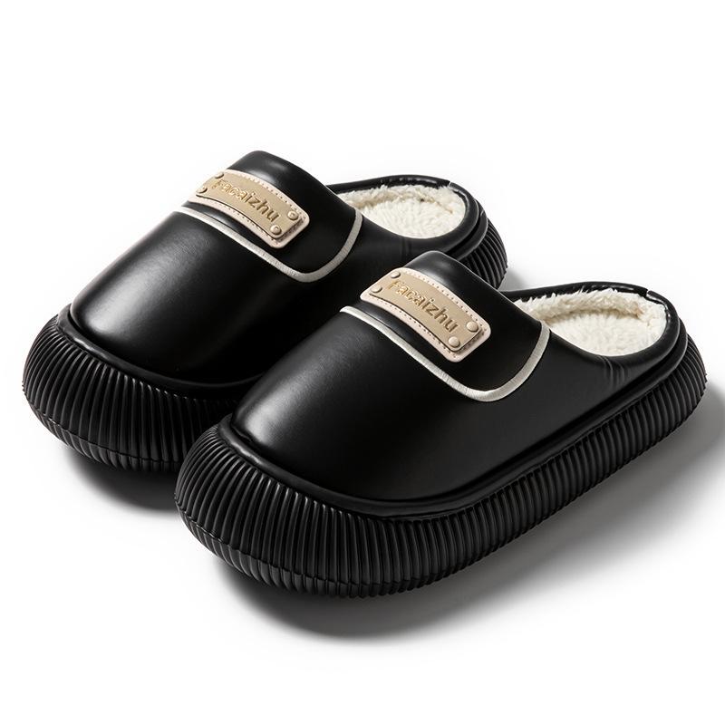 Cotton slippers imitation PU leather rubber sole autumn and winter wear thick soles warm and velvet home dormitory confinement wool shoes