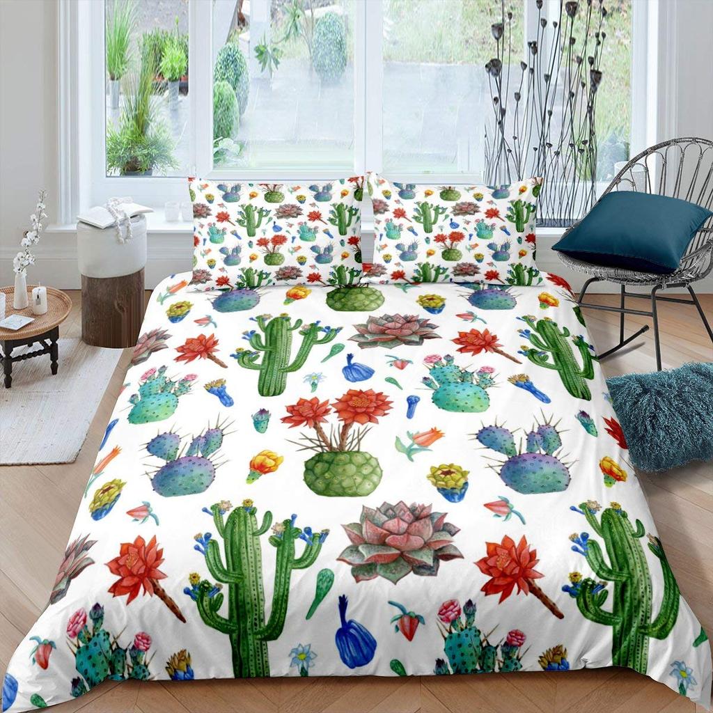Succulents Duvet Cover Set Green Plant Tropical Botanical Bedding Set Watercolor Painting Stylish Nature Theme Twin Quilt Cover