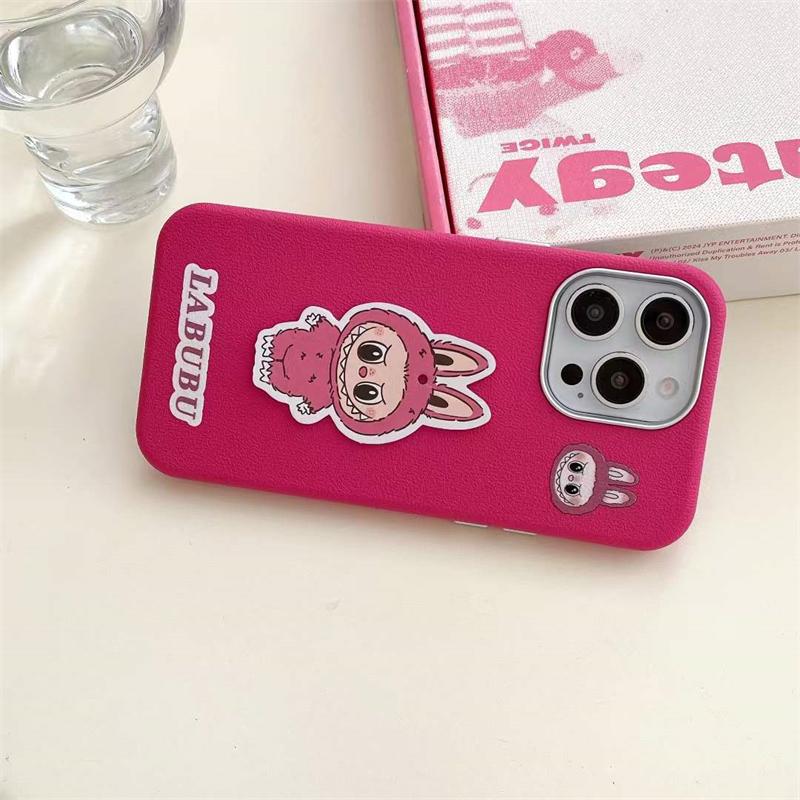 

Милый чехол для телефона Labubu из кожи личи для iPhone 16 15 14 13 12 11 Pro Max, мягкий чехол iPhone 15 Pro красный