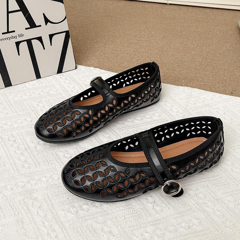 European and American spring and summer new one-word buckle Mary Jane shoes flat-soled women's shallow mouth hollow ballet shoes comfortable sing
