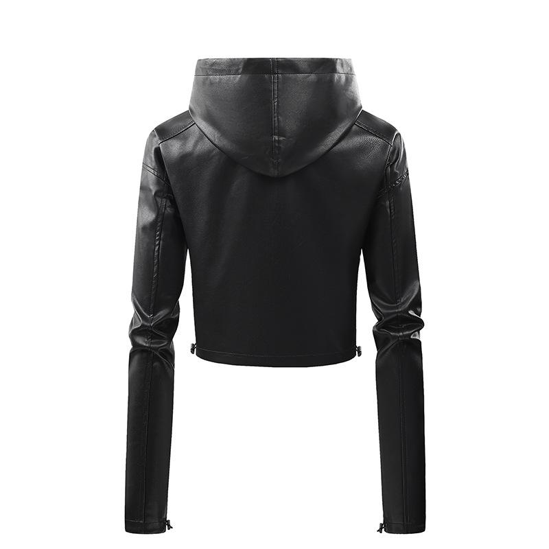European and American hooded leather jacket large size leather jacket women's spring and autumn coat women's PU washed leather fashion locomotive