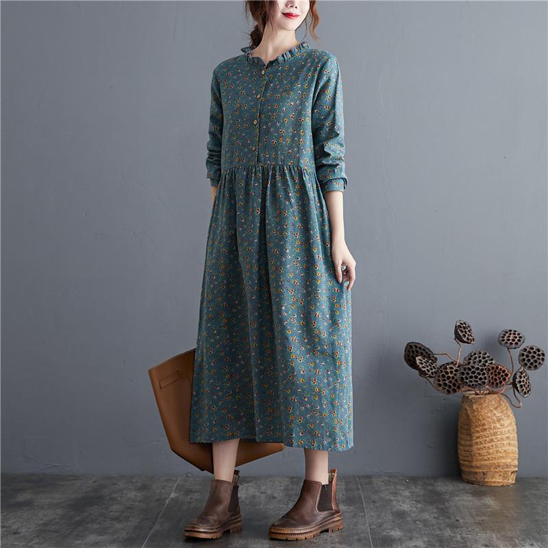 

Women s Fall Autumn Vintage Korean Cotton Linen Dress Loose Plus Size Long Sleeve Floral Print Casual Long Maxi Dress for Daily Wear M синий