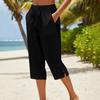 Women Cropped Pants Elastic High Waist Lace-up Straight Leg Casual Trousers with Pockets Breathable Summer Pants School Daily Wear