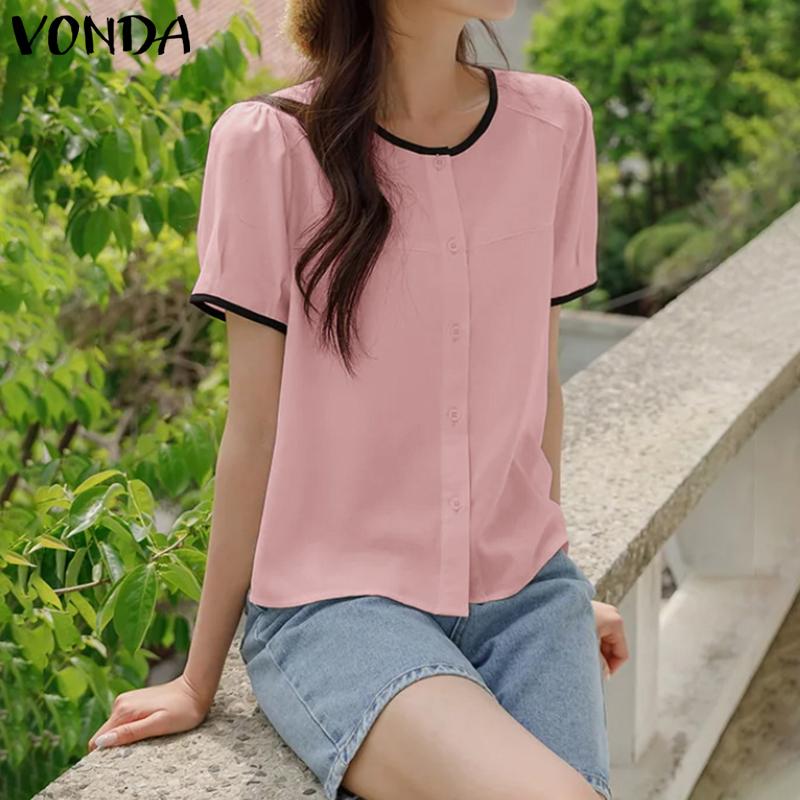 

VONDA женская летняя повседневная рубашка с круглым вырезом и коротким рукавом с цветными блоками