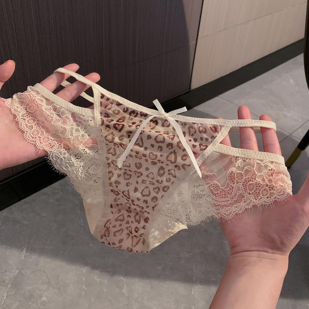 Girls Summer New Sexy Leopard Lace Hollow Out Pure Cotton Crotch Low Waist Triangle Briefs