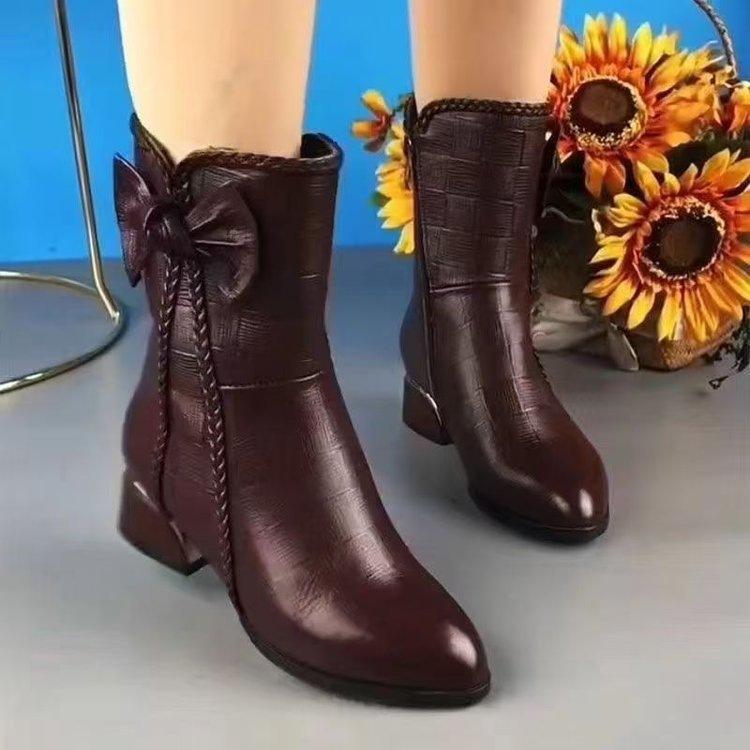 Soft leather short boots winter new velvet warm medium boots thick heel soft sole pointed fashion boots