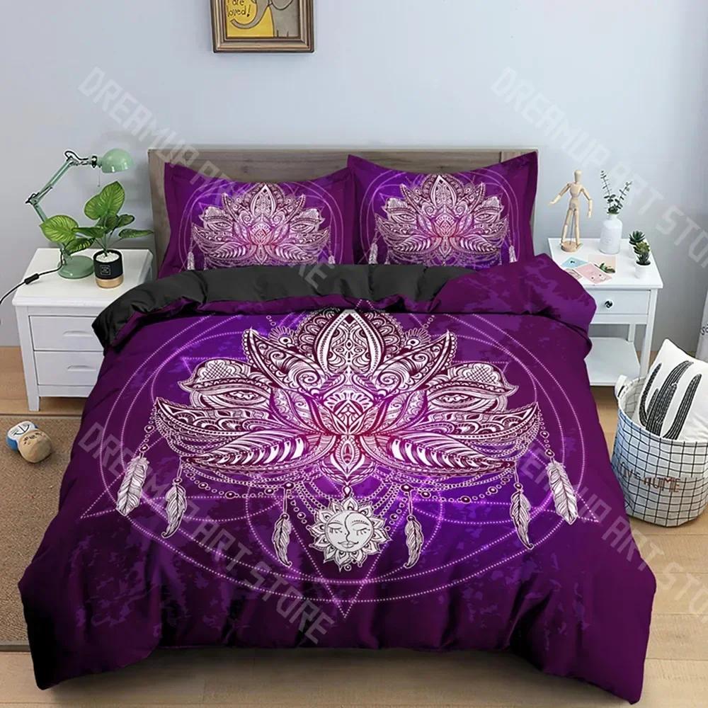 Bohemian Lotus 3pcs Bed Set Duvet Cover Set Mandala Flower Quilt Cover Adult Black Polyester Bedding Set Queen King Twin Te