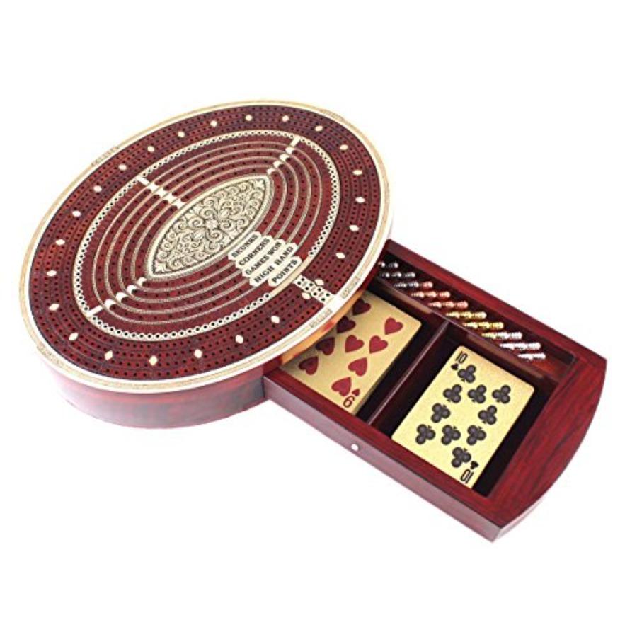 

Oval Shape 4 Tracks Continuous Cribbage Board and Box in Bloodwood Maple with Place for Skunks Corners Won Games High Hand and United States