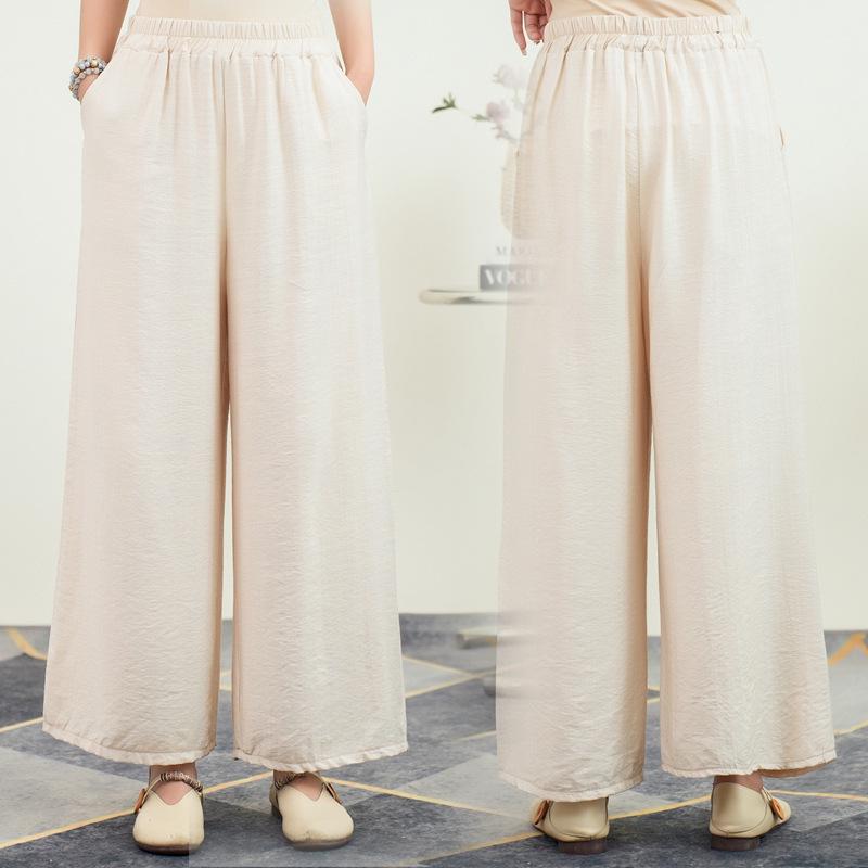 Women's Summer Silk Linen Wide-Leg Pants: Literary Solid Color, Elastic Waist, Loose Fit, Thin Fashion Leggings.