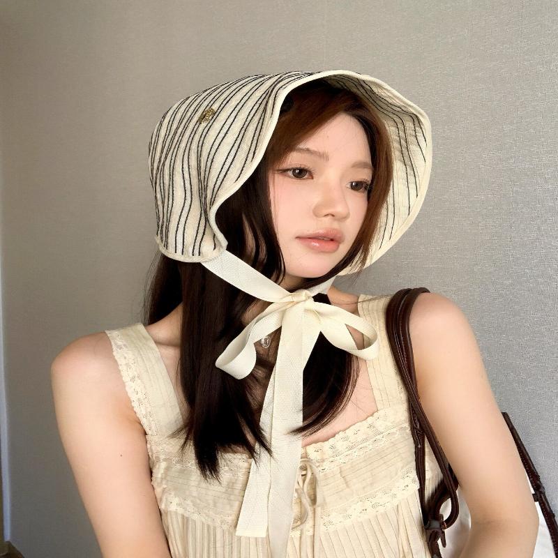 Ribbon Women Striped Fisherman Hat Wide Brim Foldable Summer Sun Hat Sun Protection Solid Color Sunshade Hat