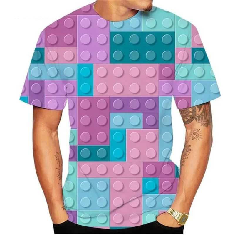 Summer Round Neck 3D Building Blocks Pattern Print T-shirts Fashionable Casual Short Sleeved Men's T-shirts