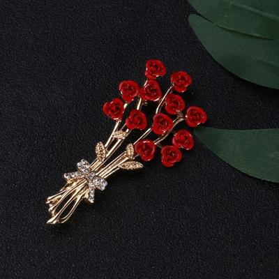 Yousheng Women Enamel Rose Flower Bouquet Shape Brooch Pin Korean Style Shining Rhinestones Inlay Dress Coat Badge Jewelry Accessories