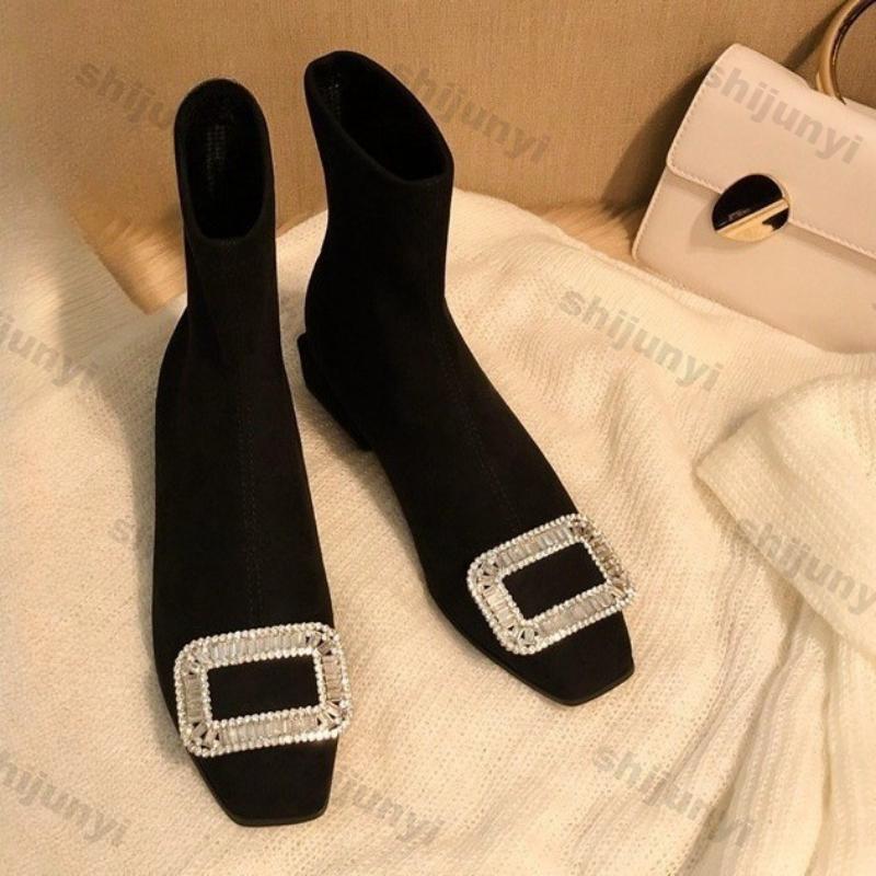 Women's Square Buckle Rhinestone Elastic Socks Boots Women Autumn Winter Suede Square Toe Thick Heel Ankle Boots Zapatos Mujer