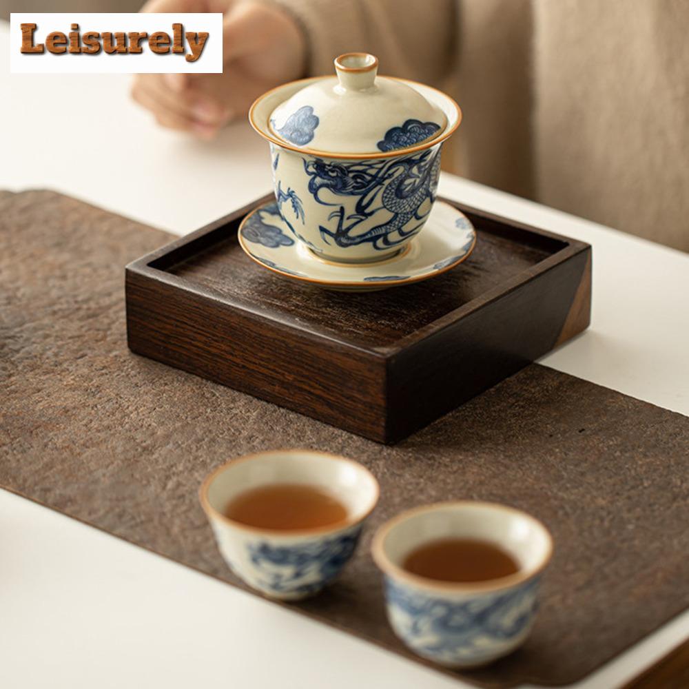 Estetyczny Beżowy Porcelanowy Czajnik z Pieca Ru Wzór Niebiesko-Białego Smoka Czajniczek Xishi Czajnik do Herbaty Gaiwan Rzemiosło Ceremonii Herbaty