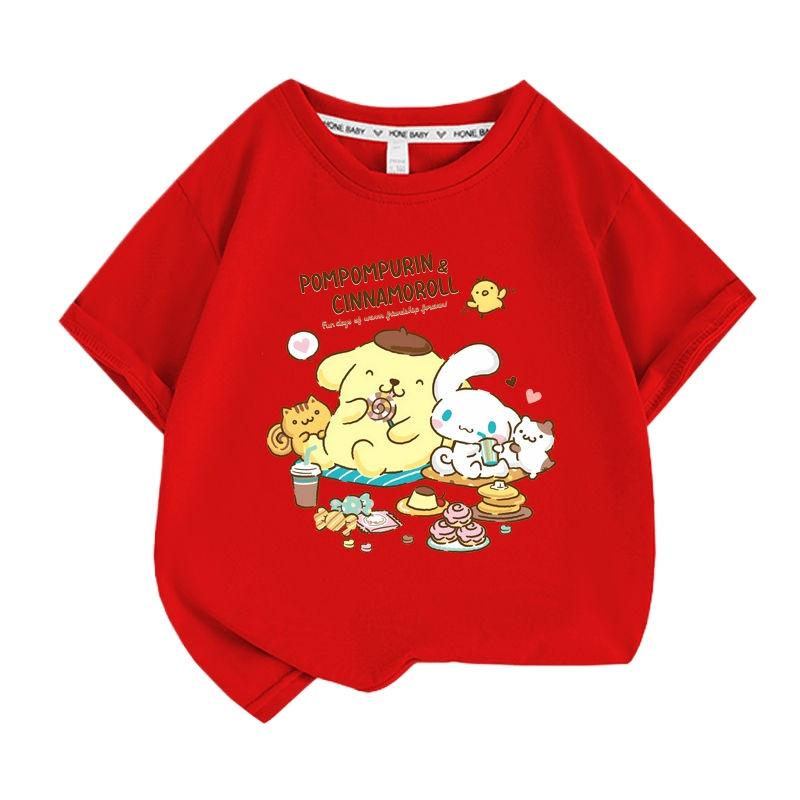 Sanrio Summer Girls' and Boys' Pudding Dog Printed T-Shirt Cartoon Short Sleeve Top