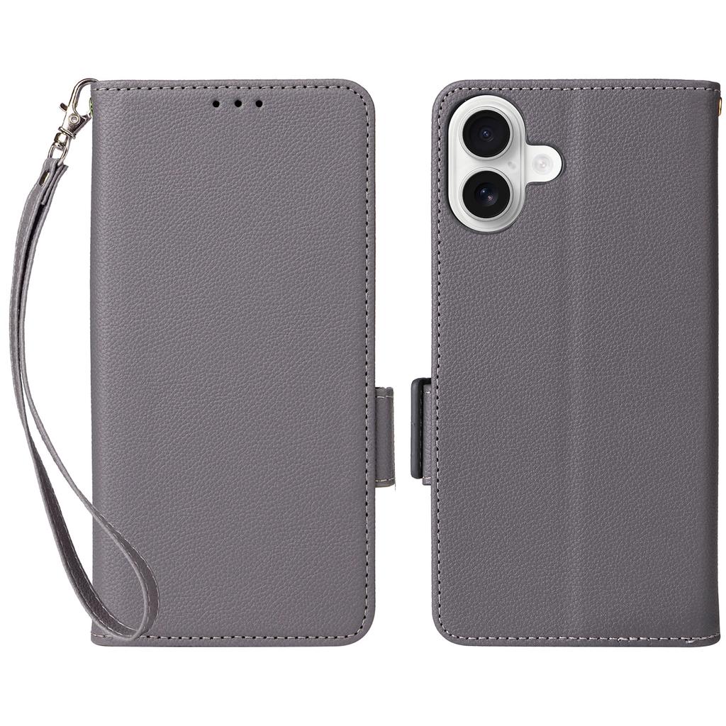 For iPhone 16 Case with Wrist Strap Litchi Texture PU Leather Wallet Phone Cover