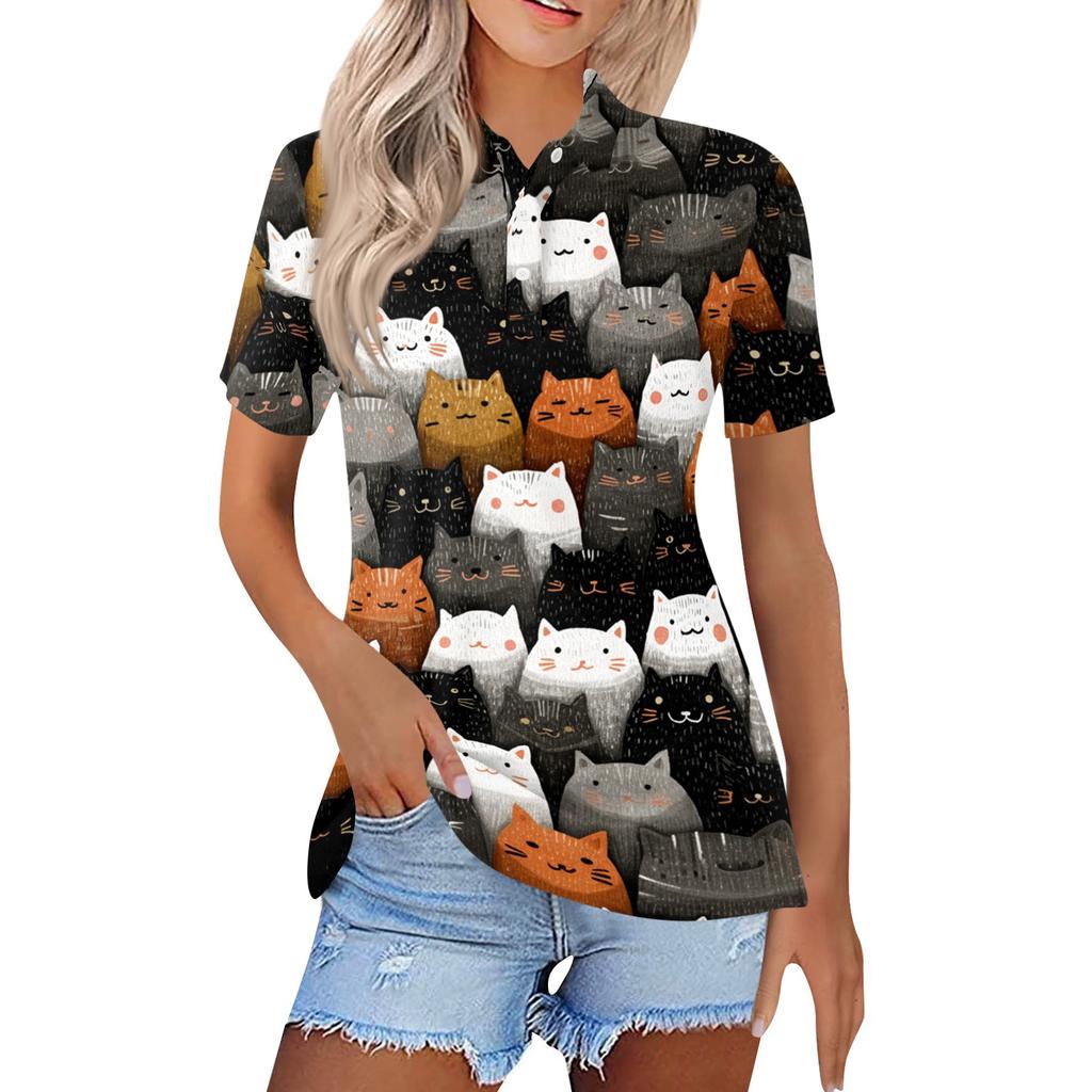 Women's Casual Short Sleeve Shirt with Print - Button Front Top with Side Slits